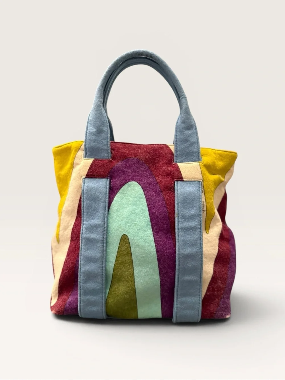 Emilio Pucci Multicolor Wool Patchwork Tote with Blue Handles